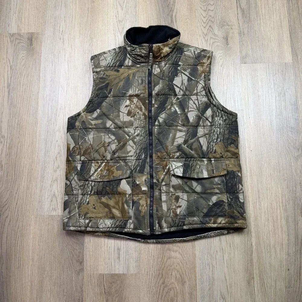 Tallwoods Vest Mens Medium Brown Camo Quilted Full Zip Fleece Lined Hunting